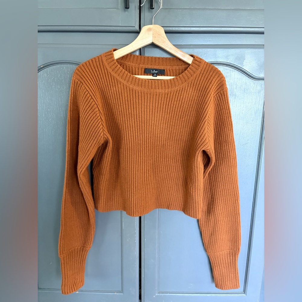 Lulus Rust Ribbed Cropped Sweater XS Long Sleeve Thumb Hole Knit Top
